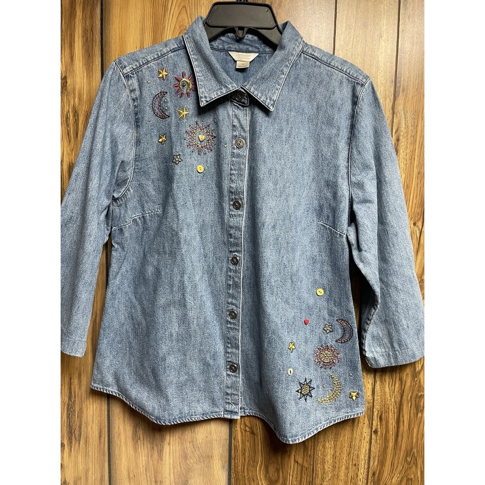 Vtg 90s Christopher & Banks denim‎ shirt Large Stars embroidery grandma core